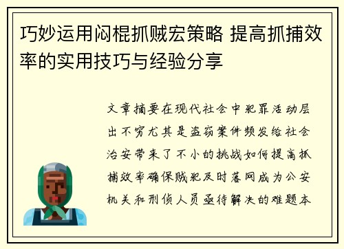 巧妙运用闷棍抓贼宏策略 提高抓捕效率的实用技巧与经验分享